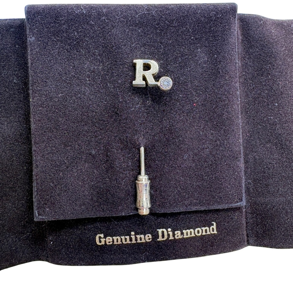 Vintage Pierre Cardin Gold Tone Initial R Stick Pin Genuine Diamond Accent Pouch